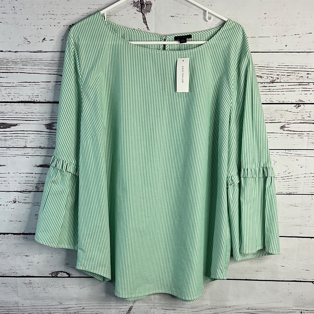 Ann Taylor Green Striped Flare Sleeve Blouse